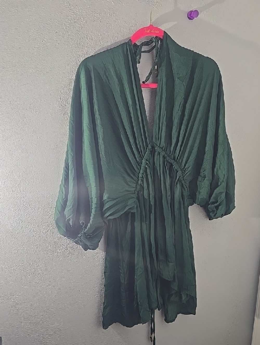 Free People Deep Green V-Neck Draped Satin Robe